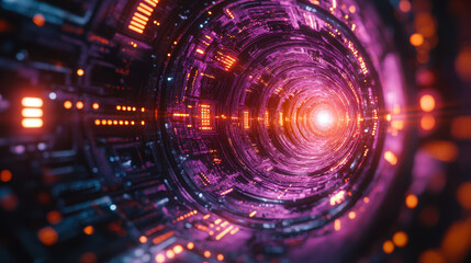 Obraz premium Futuristic Glowing Purple Portal with Mechanical Details in Dark Sci-Fi Setting - Neon Light Science Fiction Time Travel Concept