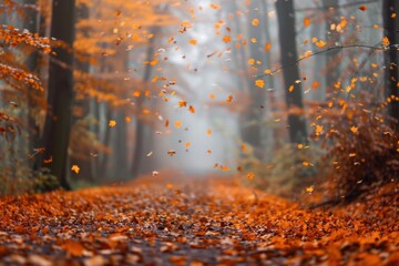 Cozy autumn scene with rain, vibrant leaves, wet streets, and golden trees.