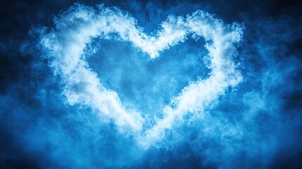 Fototapeta premium Heart-shaped cloud in a blue sky against a dark background with clouds in similar shapes