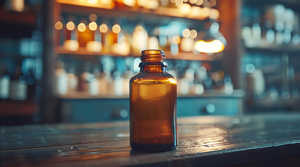 A single amber glass bottle sits on a wooden counter top in front of a shelf full of various bottles.