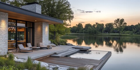 Fototapeta premium Modern home with a deck and pool overlooking a lake at sunset.