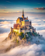 A majestic castle perched atop a sheer cliff face stands shrouded in a thick fog.