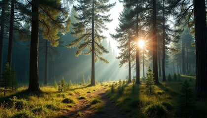 Obraz premium Enchanted forest path leading to the sun