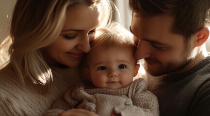 Happy Young Family Hugging Their Baby Girl in Cozy Home Setting with Soft Lighting and Warm Colors
