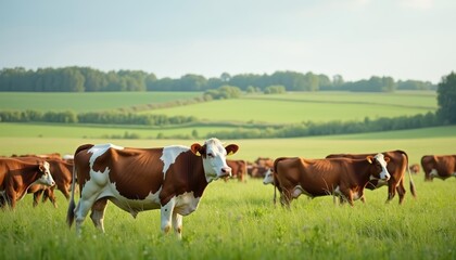 Fototapeta premium Peaceful rural scene with grazing cows in a lush green field