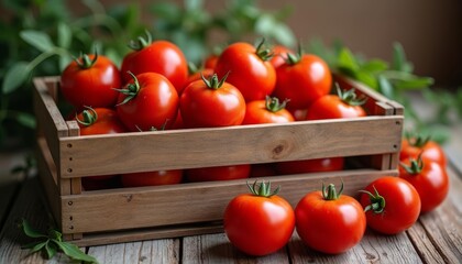 Freshly harvested tomatoes in a rustic crate