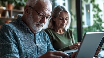 Fototapeta premium Modern grandparents. Senior couple using gadgets man surfing internet on tablet woman on laptop closeup