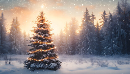 Fototapeta premium Christmas tree in the winter forest with copy space