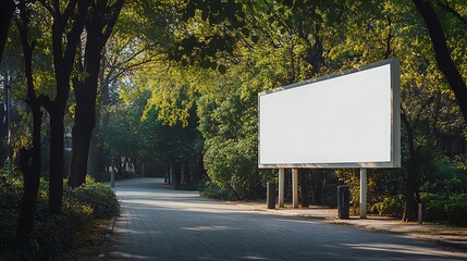 Obraz premium A white billboard situated in a scenic park, surrounded by trees and a peaceful path, inviting visitors to enjoy nature.