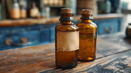 Two vintage glass bottles with cork stoppers and blank labels sit on a rustic wooden table.