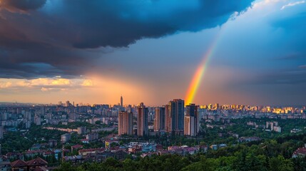 Fototapeta premium A rainbow appearing over a busy city skyline, contrasting with the urban environment and bringing a moment of beauty after a storm