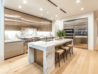 Modern kitchen interior with marble countertops, stainless steel appliances, and wooden stools.