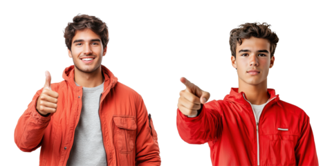 A man wearing a red jacket pointing forward isolated on white and transparent background