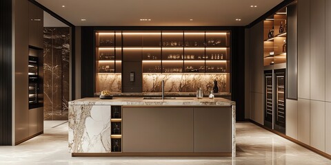 Modern kitchen interior with marble island, wine fridge, and glass cabinets.