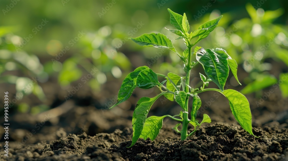 Poster Green Plant Of Pepper Growing From Earth Separately