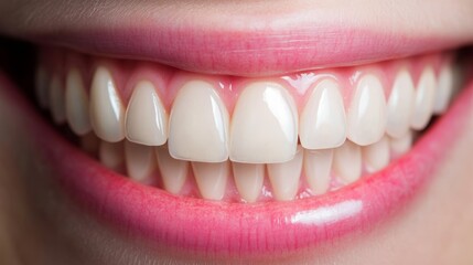 Fototapeta premium Beautiful female teeth macro zirconium. Closeup smile photo with zirconium artificial teeth. Zirconia bridge with porcelain