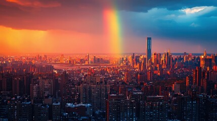 Fototapeta premium A rainbow appearing over a busy city skyline, contrasting with the urban environment and bringing a moment of beauty after a storm