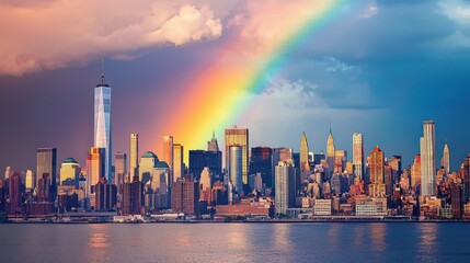 Obraz premium A rainbow appearing over a busy city skyline, contrasting with the urban environment and bringing a moment of beauty after a storm