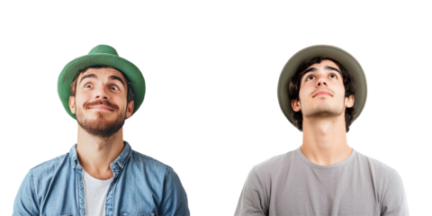 A man wearing a green hat looking up isolated on white and transparent background
