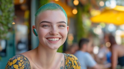 Young Woman with Vibrant Green Undercut Hair Smiling with Ear Gadget in Outdoor Cafe, Showcasing Modern Fashion and Technology