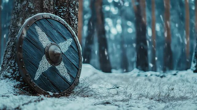 Viking Shield in Snowy Forest Scene
