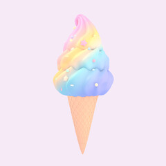 3D render cartoon rainbow ice cream with sprinkles object on pink background.