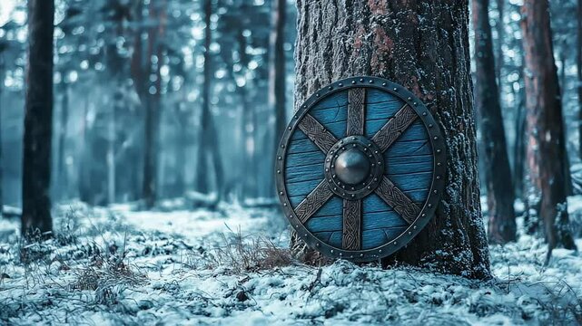Viking Shield in Snowy Forest Scene