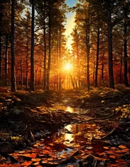 Foto op Canvas A peaceful forest scene with the golden light of the setting sun filtering through tall autumn trees. A small stream reflects the warm glow of the sun, surrounded by fallen leaves and nature. AI © Anastasiia