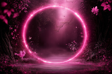 Obraz premium Photo collage template with glowing pink circular portal in dark mystical forest, neon colors, fantasy landscape with copy space