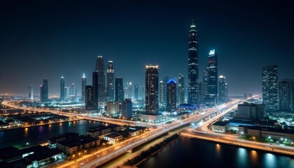  Vibrant cityscape at night illuminated by bright lights and reflecting off the river