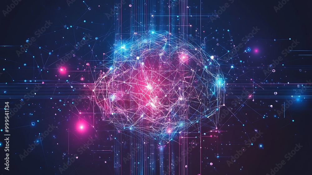 Poster Abstract digital network with glowing lines and nodes.