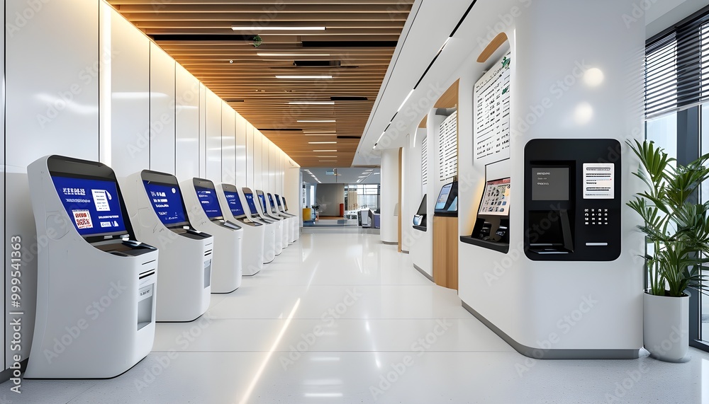 Wall mural Futuristic smart service hall featuring white walls and an array of interactive devices including a self-service ID card processing machine powered by generative AI