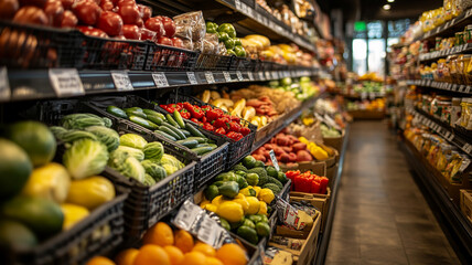 Fototapeta premium Colorful grocery store aisle featuring fresh produce and vibrant vegetables in the afternoon light