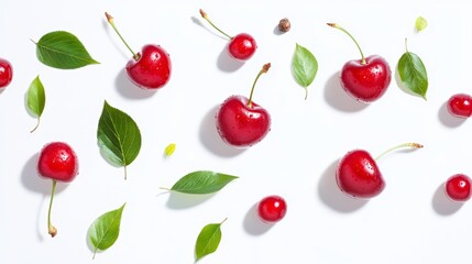 Juicy red cherry with green leaves as flow fly or fall as art composition. Whole half pieces fruit isolated on white background with shadow. Ripe raw fruits for advertising design label product.