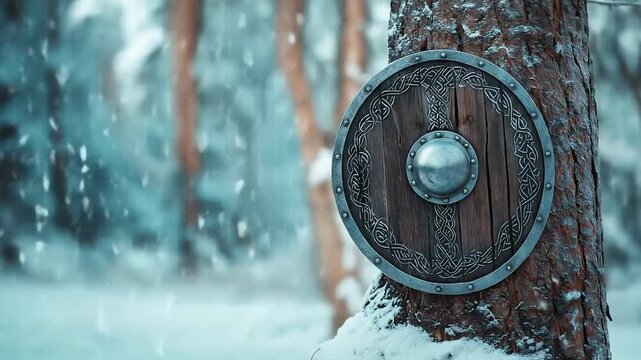 Viking Shield in Snowy Forest Scene
