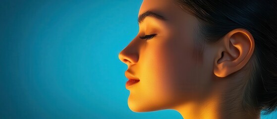 A serene profile of a young woman with closed eyes, bathed in soft, warm light against a calming blue background, embodying tranquility and peace.