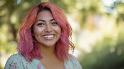 Fototapeta premium Joyful Woman with Vibrant Pink Hair Smiling Outdoors, Diverse Model, Summer Nature Background