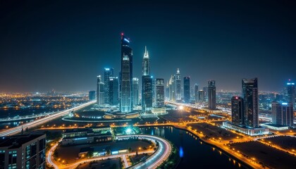 Fototapeta premium Vibrant cityscape at night illuminated by bright lights and reflections on the water