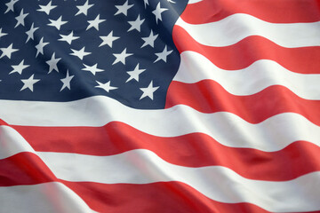 United States of America flag with stars and stripes close up. Official US Banner waving with folds