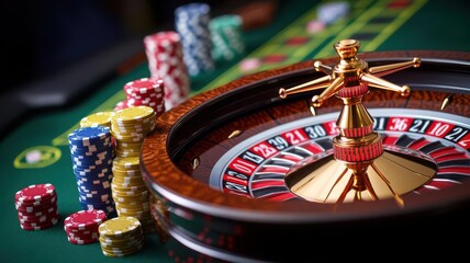 Close-up of a roulette wheel with colorful chips on a green felt table, capturing the excitement and anticipation of a casino game.