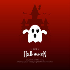 Happy Halloween Post and Greeting Card. Modern and Minimal Halloween Background with Cute Ghost Character and Trick or Treat Vector Illustration