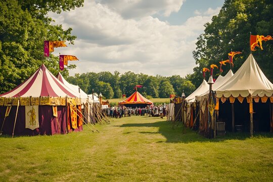 A row of colorful striped tents at a medieval festival, with flags fluttering in the breeze.