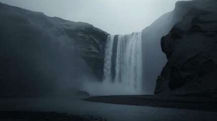 A cinematic shot of a waterfall, foggy and dark, with low lighting and muted colors,