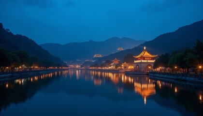 Fototapeta premium Enchanting night view of a serene river and illuminated temple