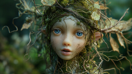 A tiny fairy made of vines and moss, her hair is intertwined with thorny vine flowers.