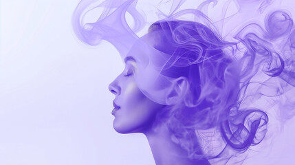 Purple smoke in the shape of a female head profile on a pastel purple background, fluid art with minimalism and elegance.