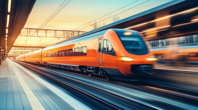 High-speed orange passenger train moving at railway station platform at sunset. Train station. Modern railway transportation concept with blurred motion effect. Railroad. Commercial transport