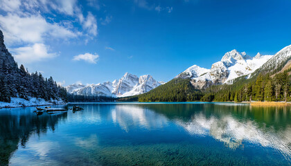 A breathtaking mountain landscape with rocky snow-capped peaks towering over a crystal-clear 00