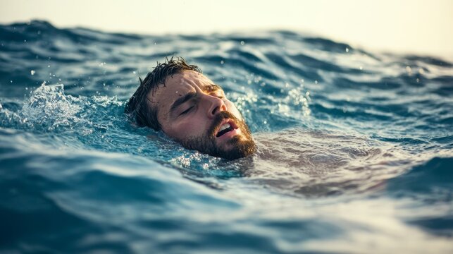 Help! Seeking rescue. Man drowning in the sea.