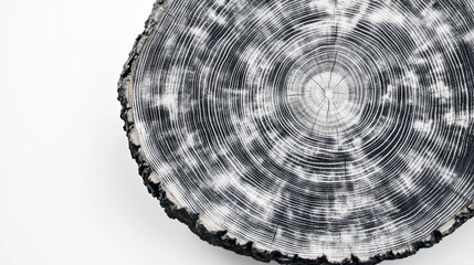 Black white and gray toned tree cut from the woods. Round tree ring pattern with texture and grain. Detailed object on white background.
